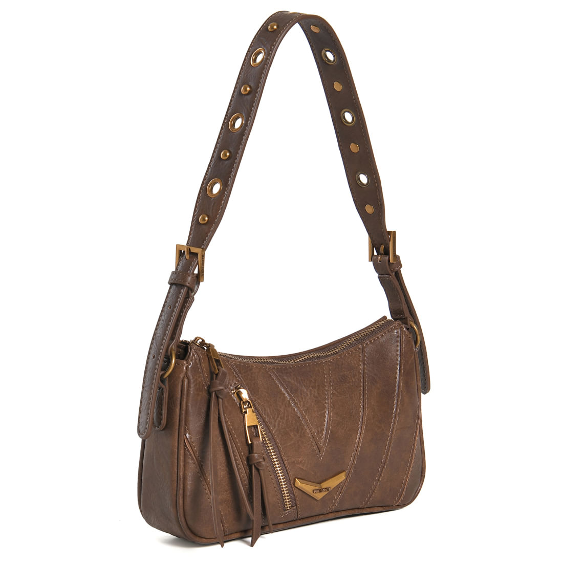 Bolsa Via Marte Shoulder Bag marrom vista lateral com zíper frontal e acabamento matelassê